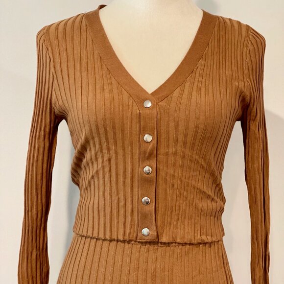Mustard Brown Ribbed Knit Crop Long Sleeve & High waist Pencil Skirt Coords Set - Picture 6 of 7